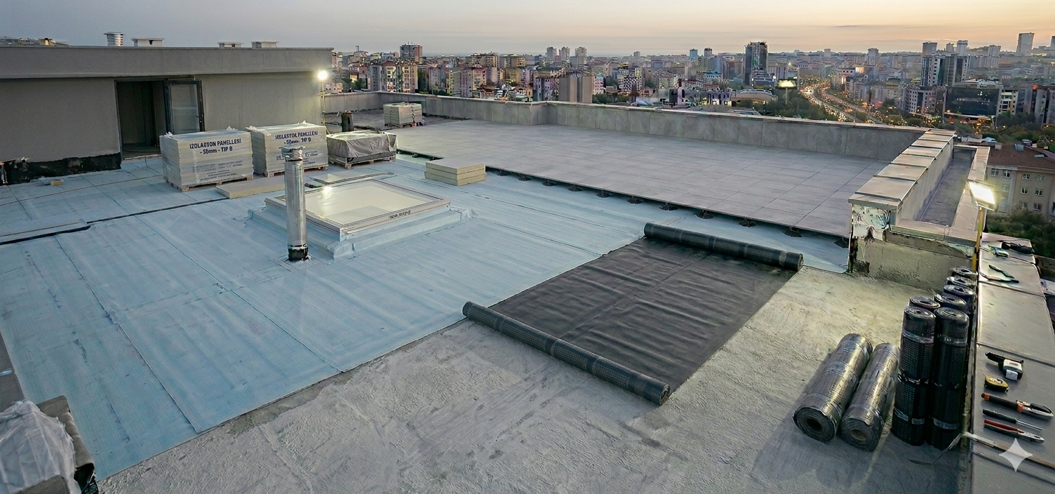 Ä°stanbul manzaralÄ± bir teras Ã§atÄ±da bitÃ¼men membran ve Ä±sÄ± yalÄ±tÄ±m levhalarÄ±yla teras izolasyonu uygulamasÄ±